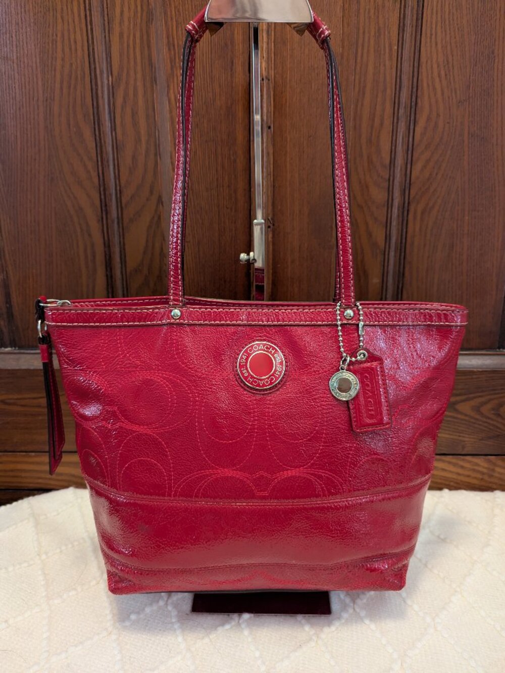 Coach Signature Striped Stitch Red Patent Leather Tote F19198